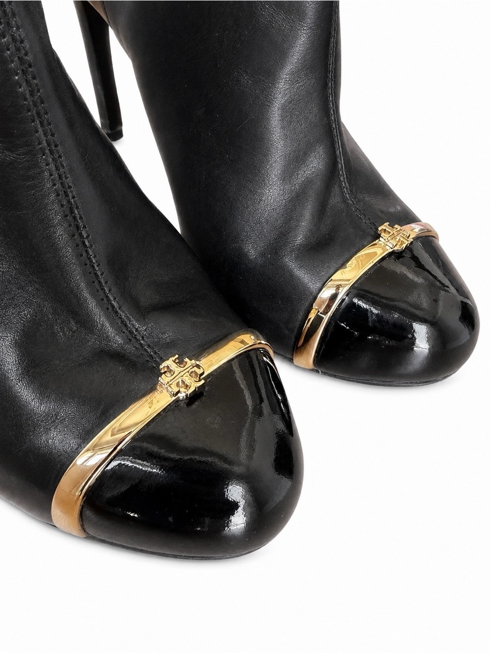 Tory Burch Pacey Black Leather Patent Cap Toe Stiletto Boots Size 8 - Picture 2 of 14